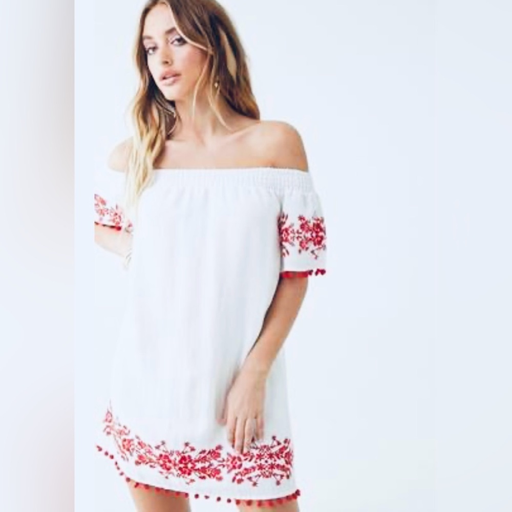Forever 21 Bohemian Off the Shoulders Midi Dress Red Embroidery Sz-2X